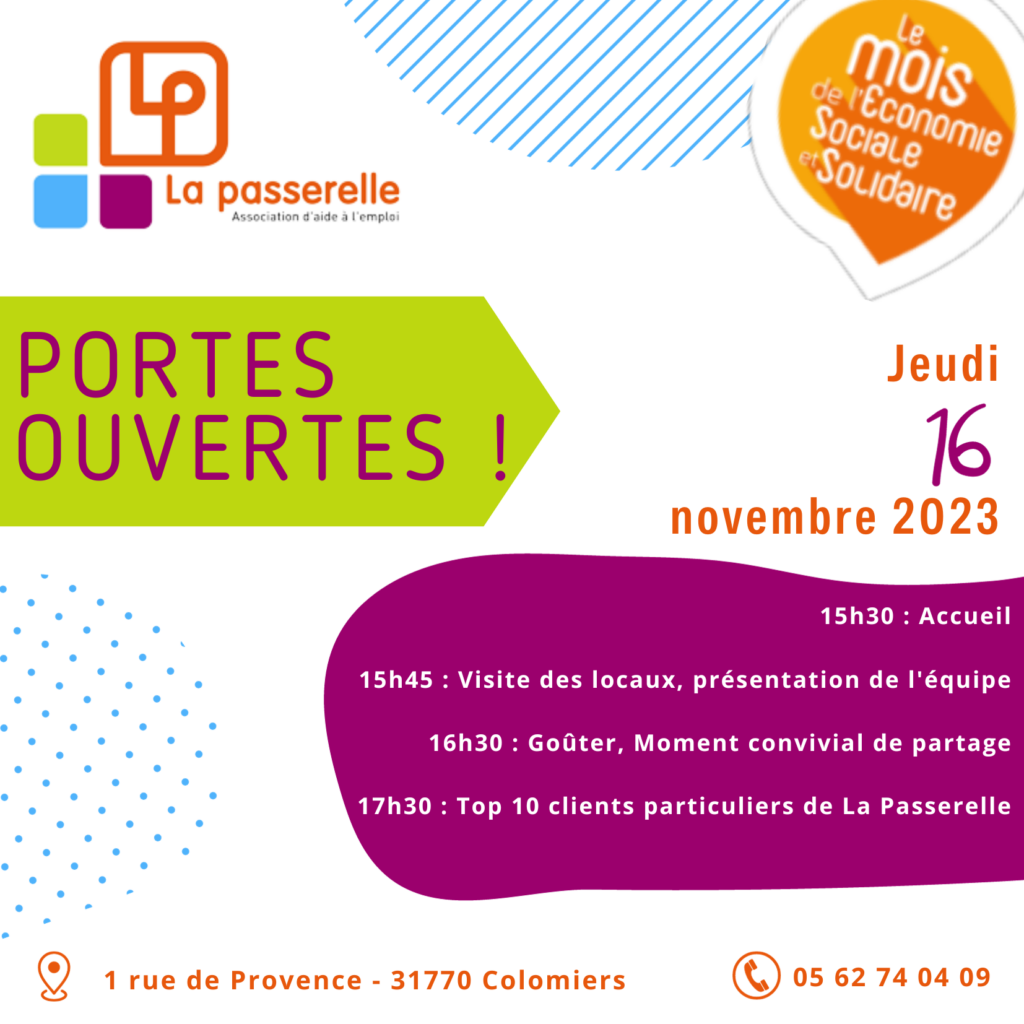 15:30 : Accueil, 15h45 : Visite des locaux et présentation de l'équipe, 16h30 : Gouter, moment convivial de partage, 17h30 : TOP 10 clients particuliers de La Passerelle